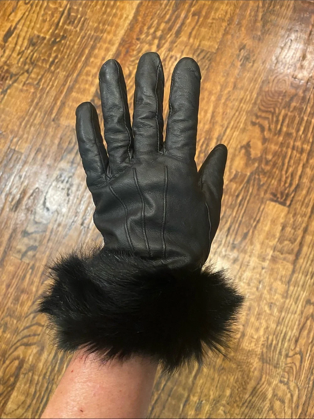 Neiman Marcus Leather & Fur Gloves with Cashmere Lining